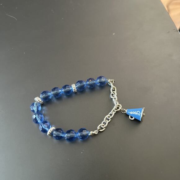 GO TEAM CHARM BRACELET "CHEERLEADER" Megaphone Cheer Blue Beads Silver Stretch - Picture 2 of 3